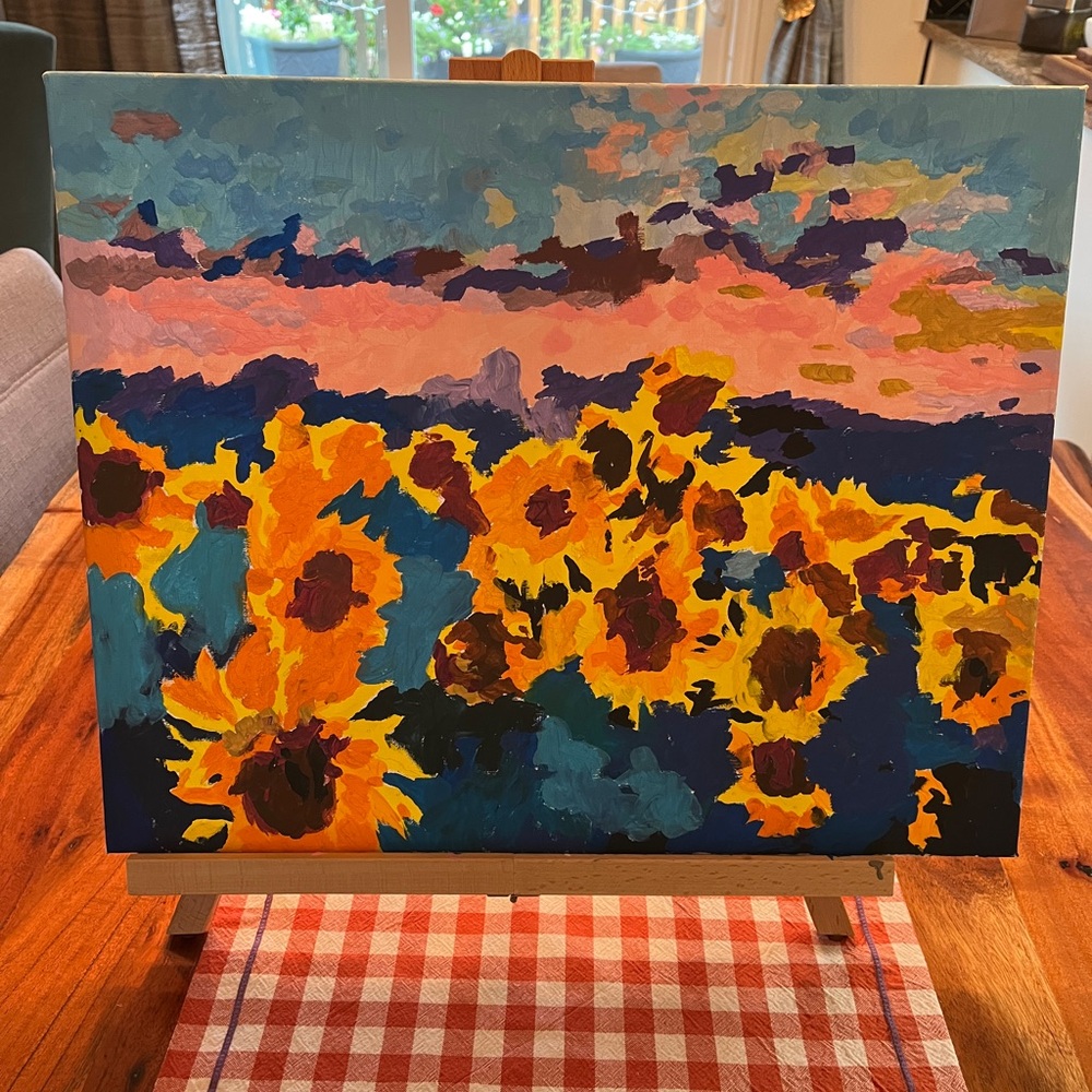 New hand painted by me acrylic on canvas sunflowers at sunset 19.7”x15.7” art